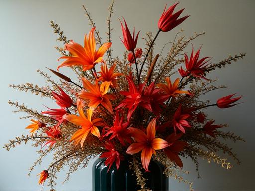 An avant-garde floral arrangement with exotic flowers and sculptural elements.